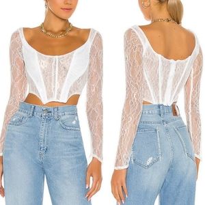 Danielle Guizio Dex Lace Corset in Cream White Lace Long Sleeve Top
